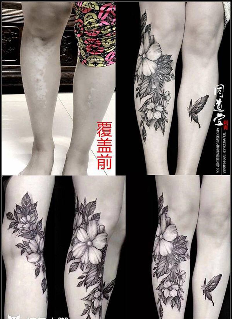 素花纹身纹身图片_腿部新传统纹身图案