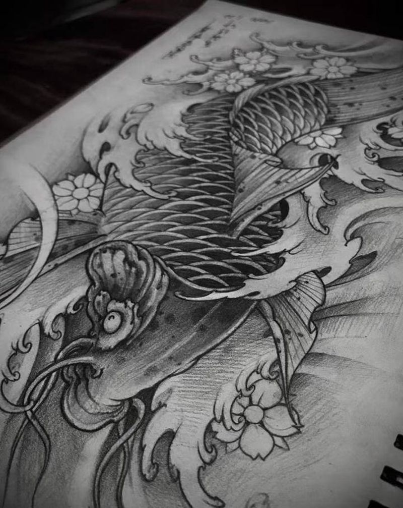 原创鲤鱼设计纹身图片_腿部手部新传统纹身图案