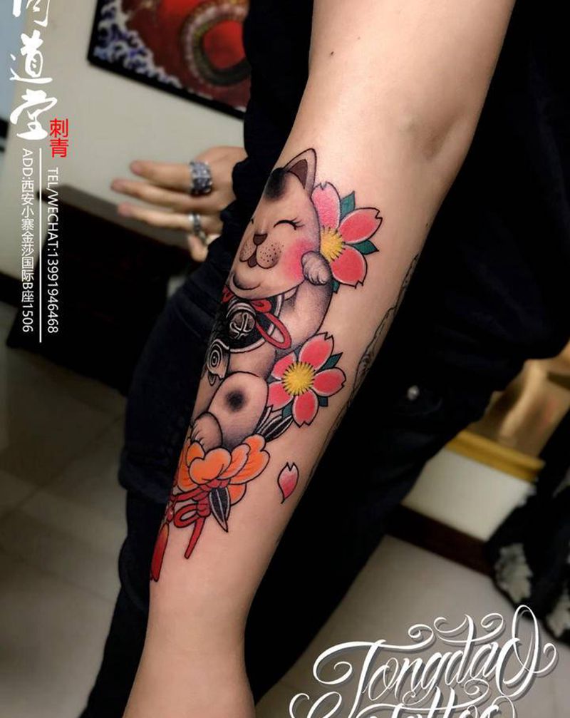 招财猫纹身纹身图片_手臂Old School纹身图案