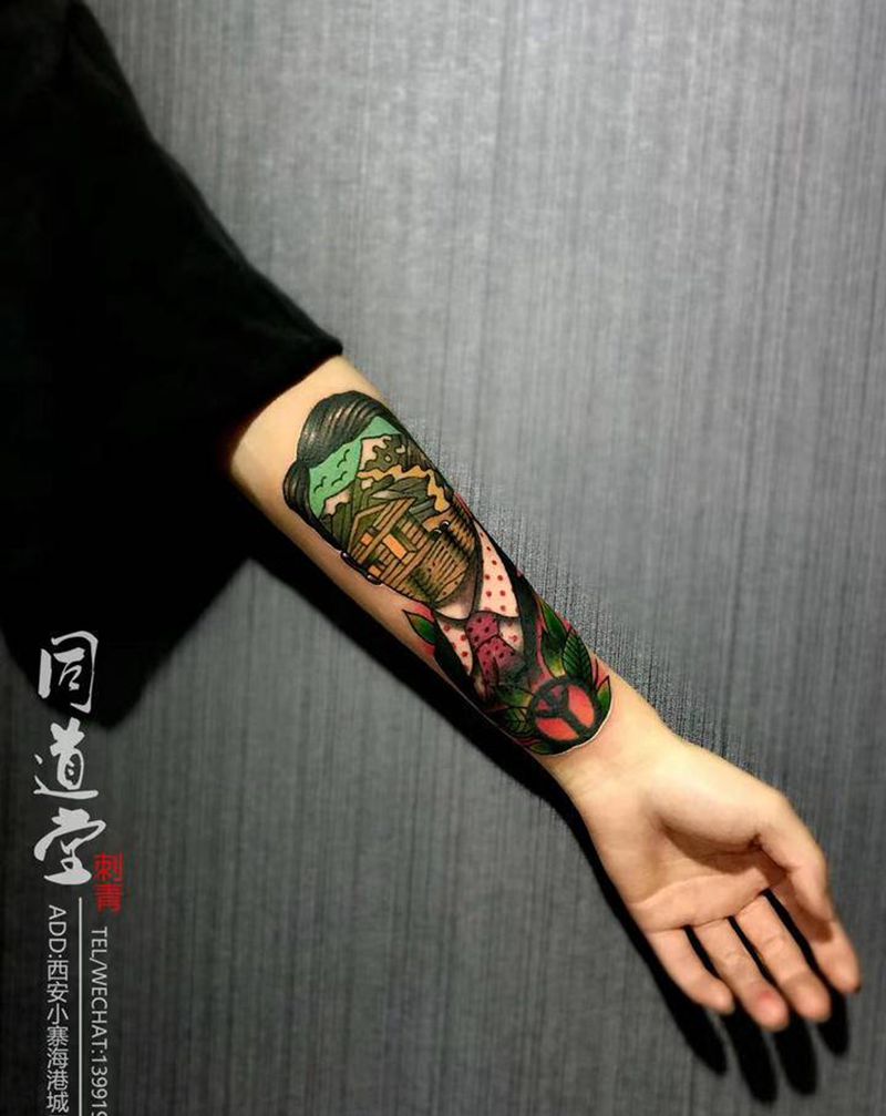 遮盖修改纹身图片_手臂Old School风景 遮盖纹身图案