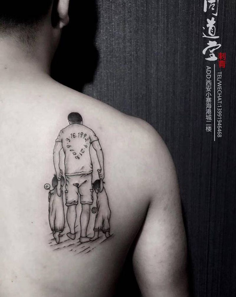 我和我的宝贝纹身图片_肩部几何简笔父亲父爱纹身图案
