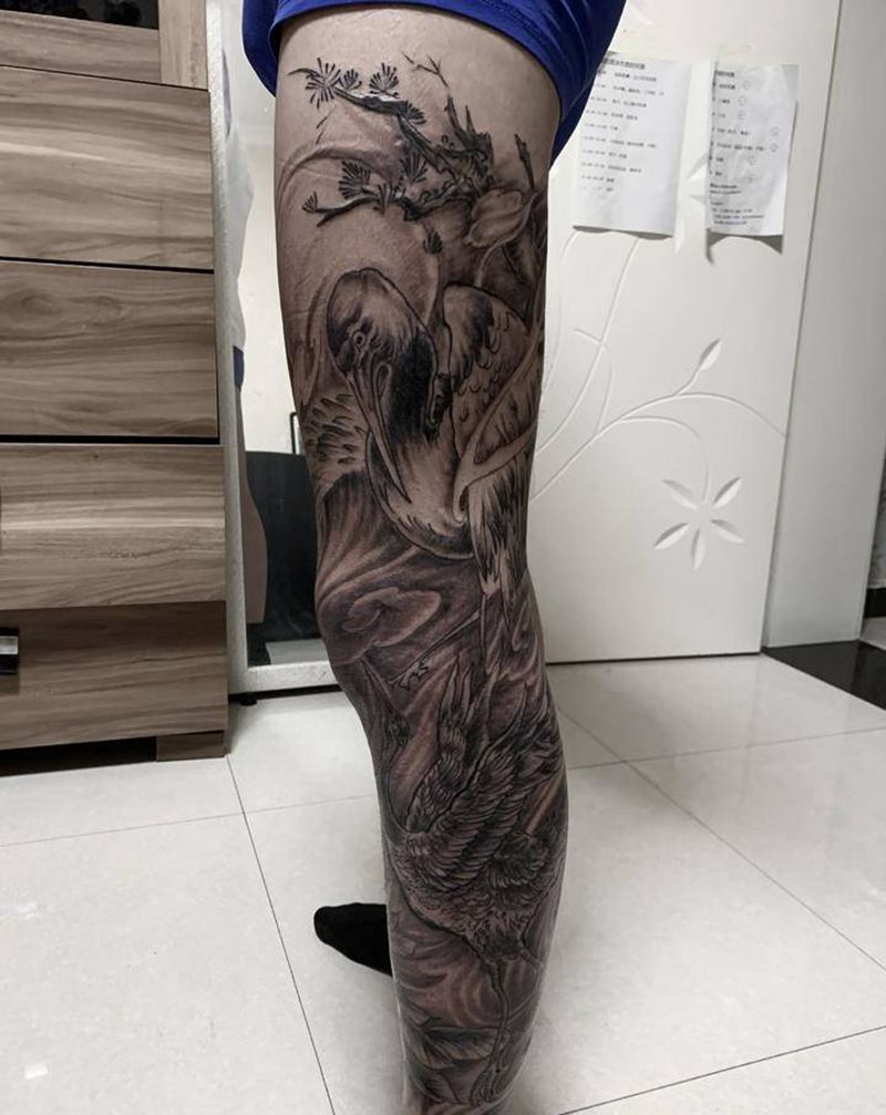 花腿鹤纹身图片_腿部脚部新传统老传统纹身图案