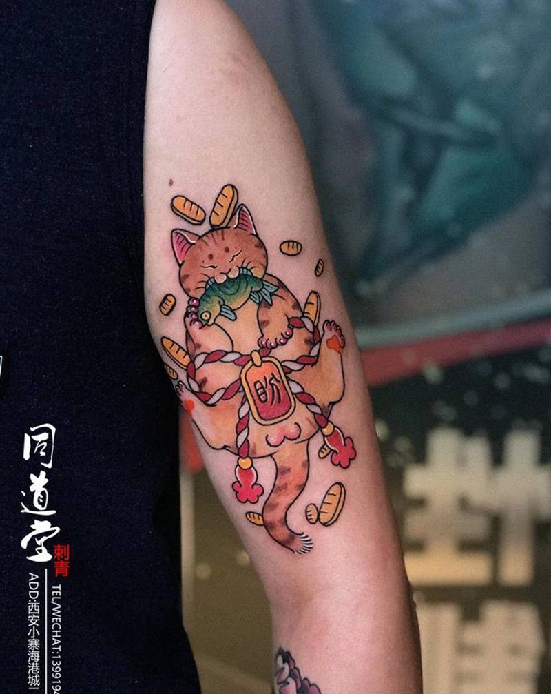 招财猫纹身图片_手臂招财猫纹身图案