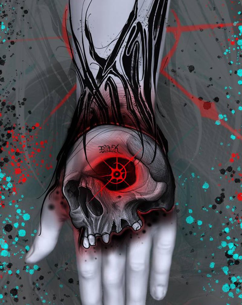 手背骷髅手稿纹身图片_手部花体字New School骷髅纹身图案