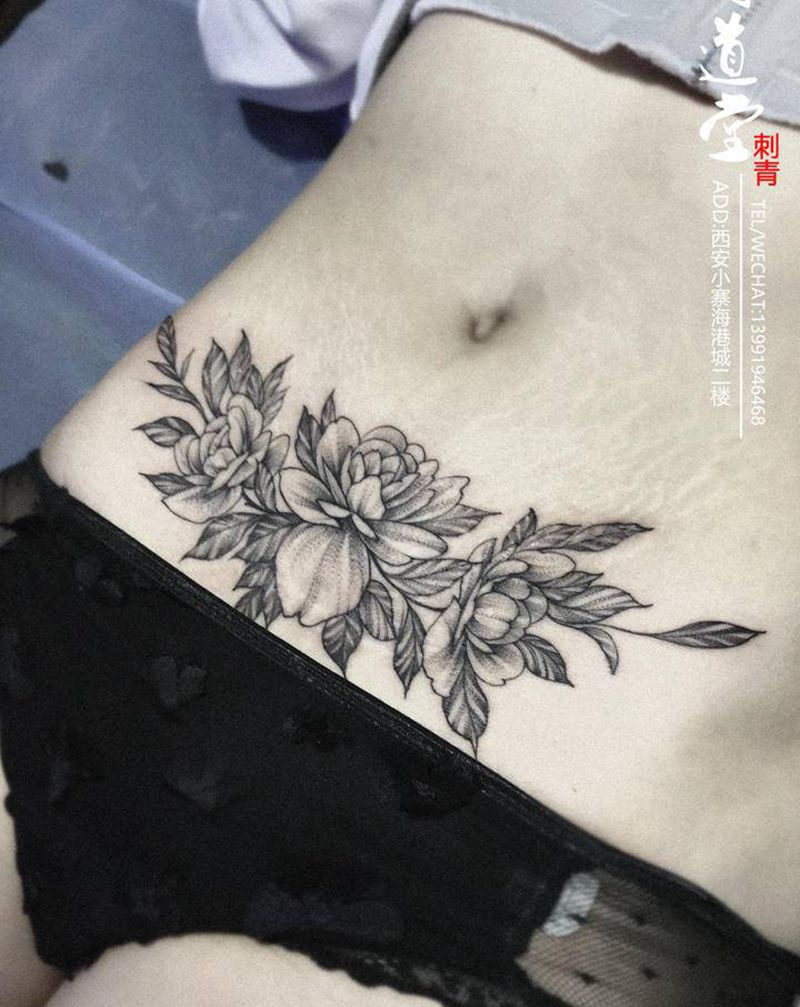 素花纹身纹身图片_腹部新传统纹身图案