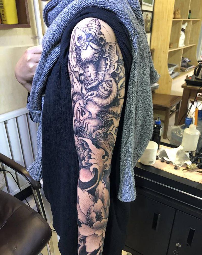 象神花臂纹身图片_手臂新传统纹身图案