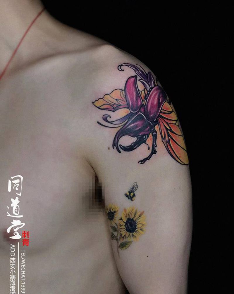 独角仙纹身图片_手臂Old School纹身图案