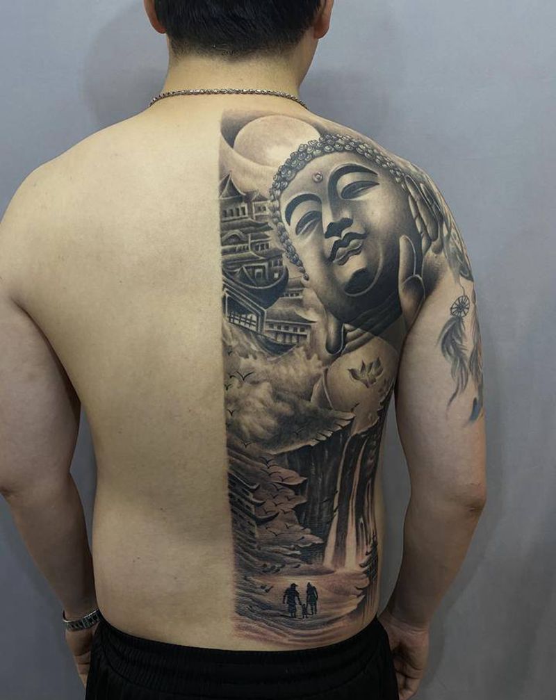 佛祖纹身图片_背部新传统纹身图案
