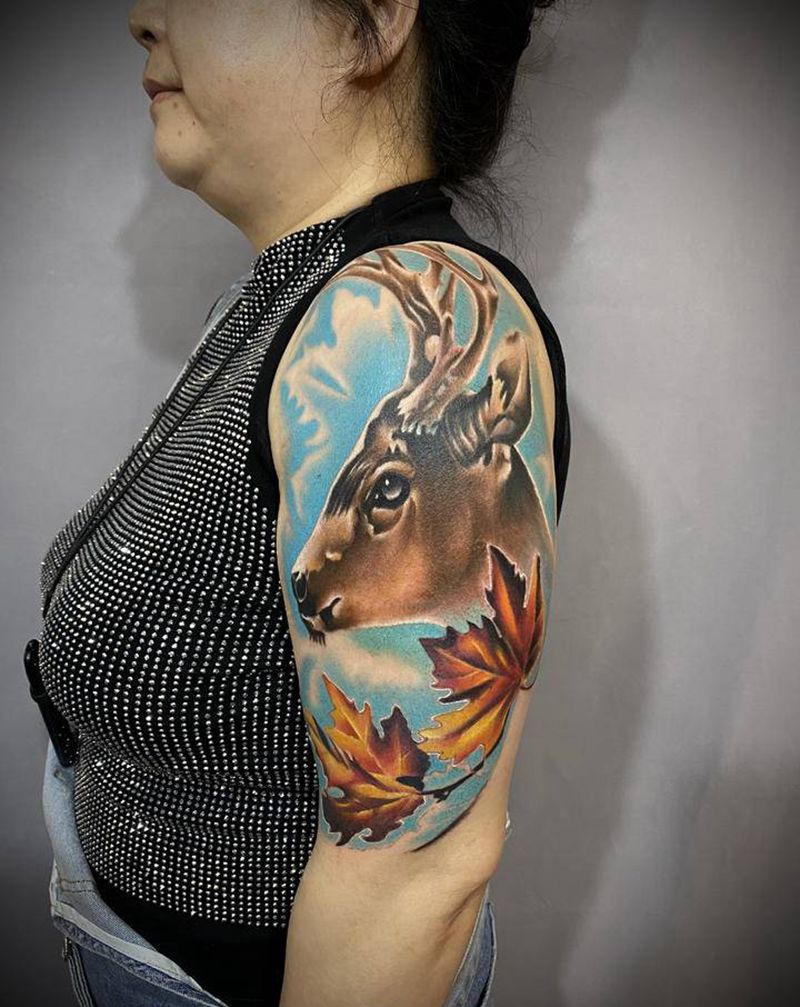 鹿纹身图片_手臂欧美写实纹身图案