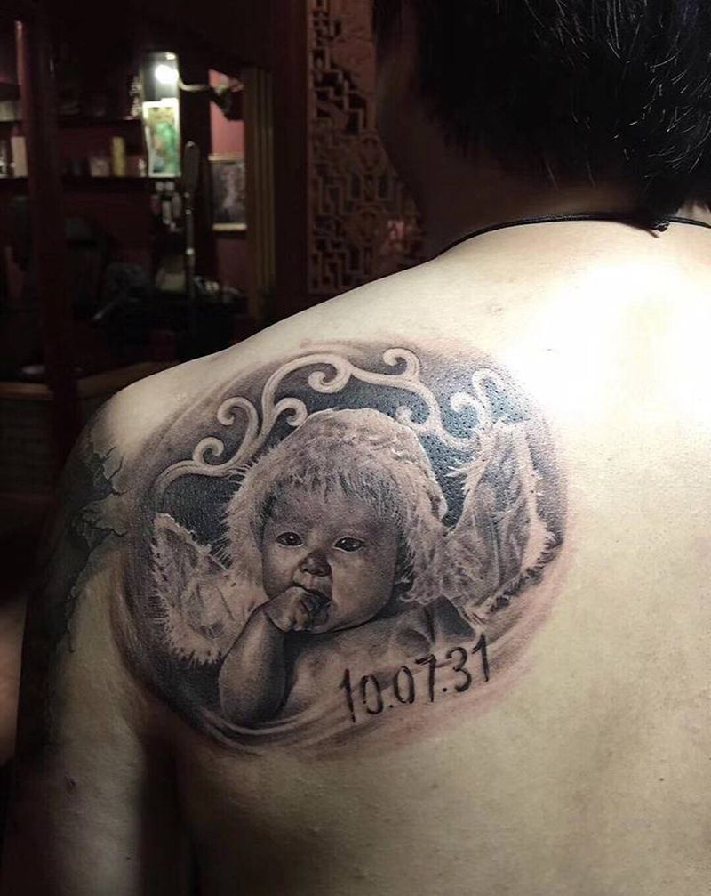 肖像，靳凯师傅作品纹身图片_背部手臂欧美写实肖像人像纹身图案