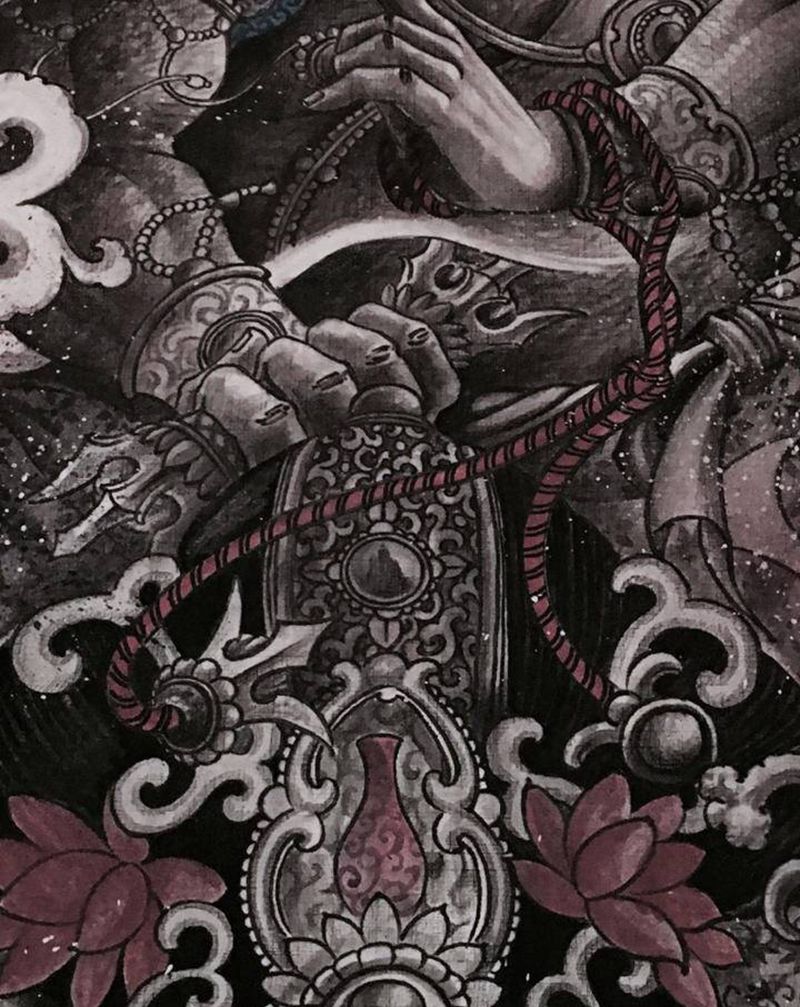原创手稿未完，靳凯作品纹身图片_背部腿部新传统老传统手稿护法藏传佛教纹身图案