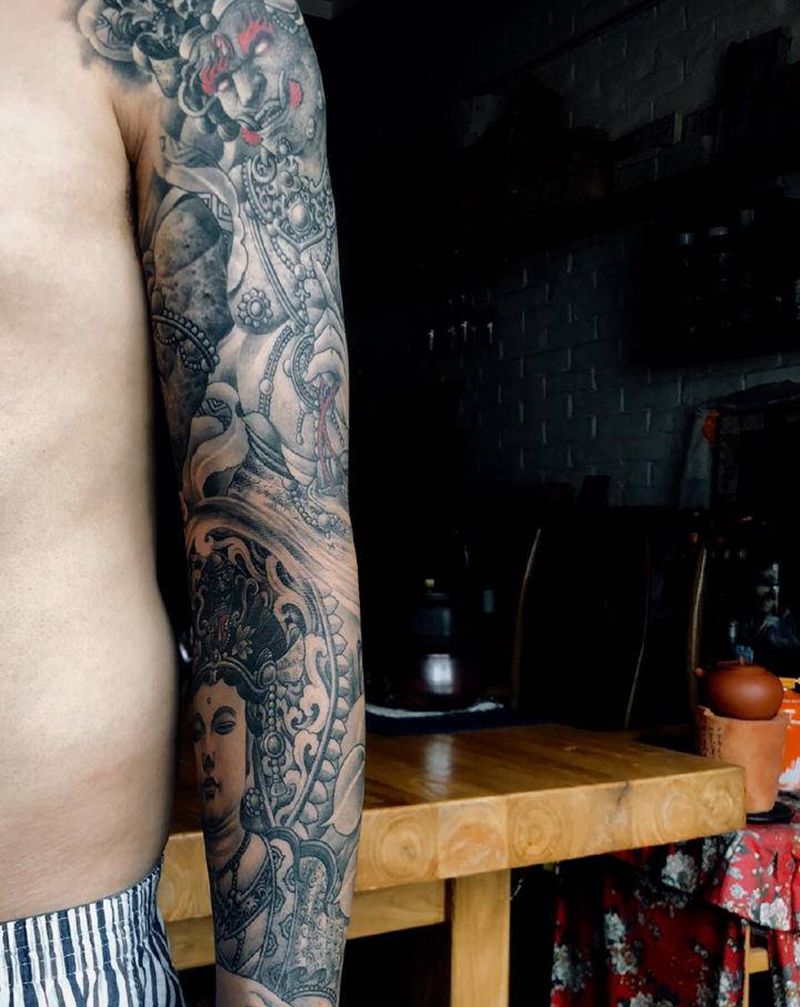 花臂已恢复，靳凯原创作品纹身图片_手臂手部老传统新传统宗教菩萨原创纹身图案