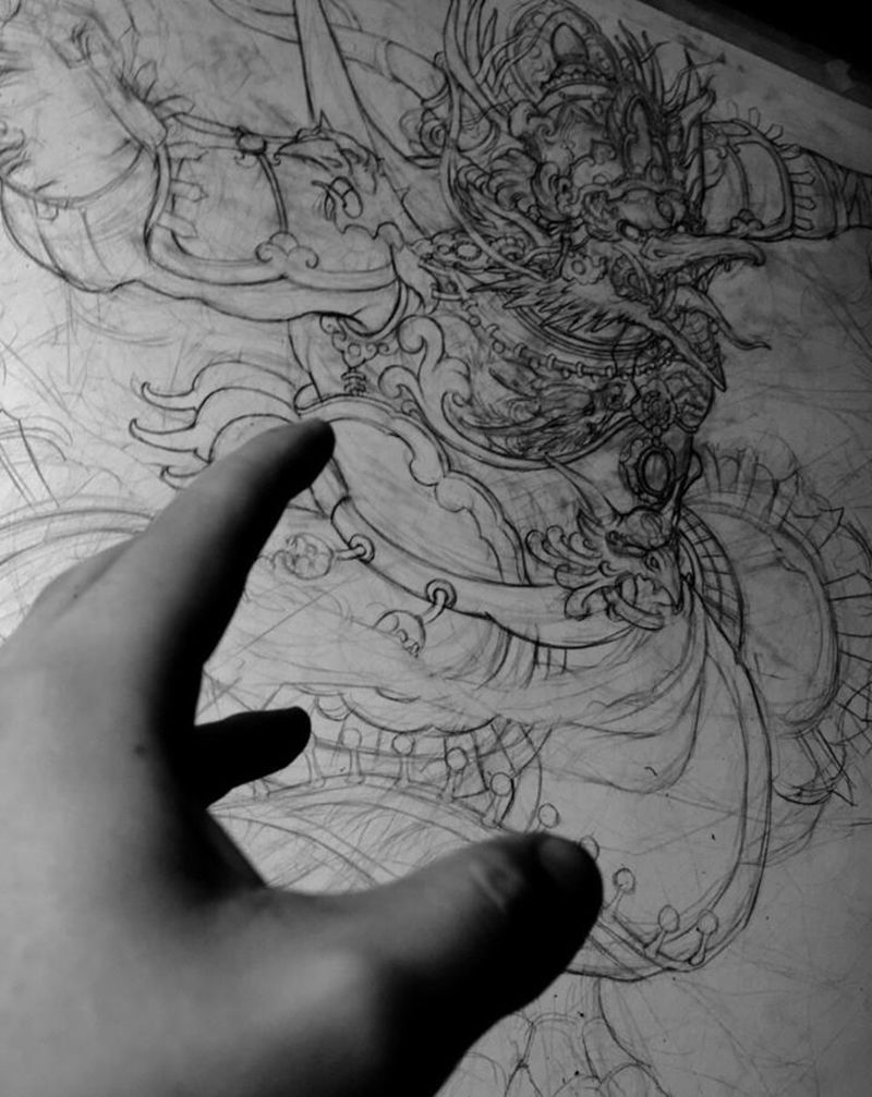 不断尝试。靳凯原创手稿未完成纹身图片_背部手臂新传统老传统宗教原创手稿纹身图案