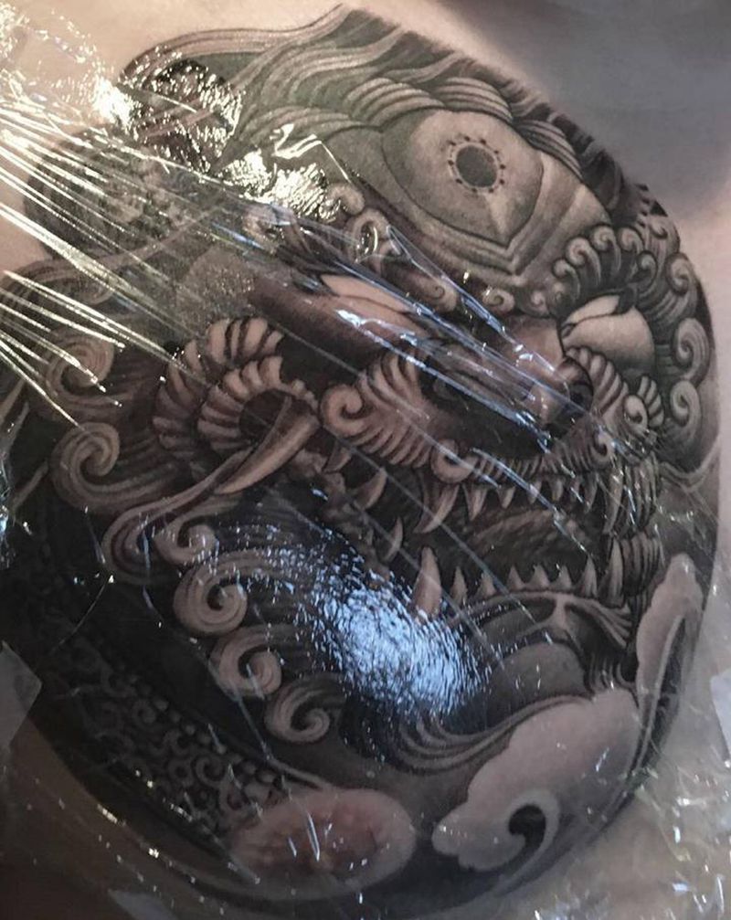 唐狮。靳凯原创作品纹身图片_肩部胸部老传统新传统原创瑞兽宗教纹身图案