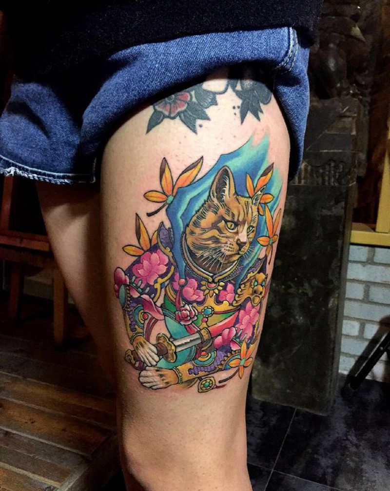 盔甲猫，靳凯原创作品纹身图片_臀部腿部New School水彩彩色动物原创纹身图案