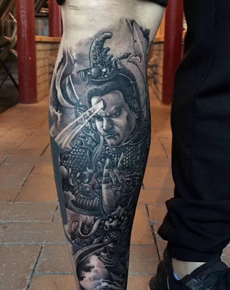 二郎真君遮盖旧图，靳凯原创作品纹身图片_腿部脚部新传统老传统遮盖旧宗教原创纹身图案