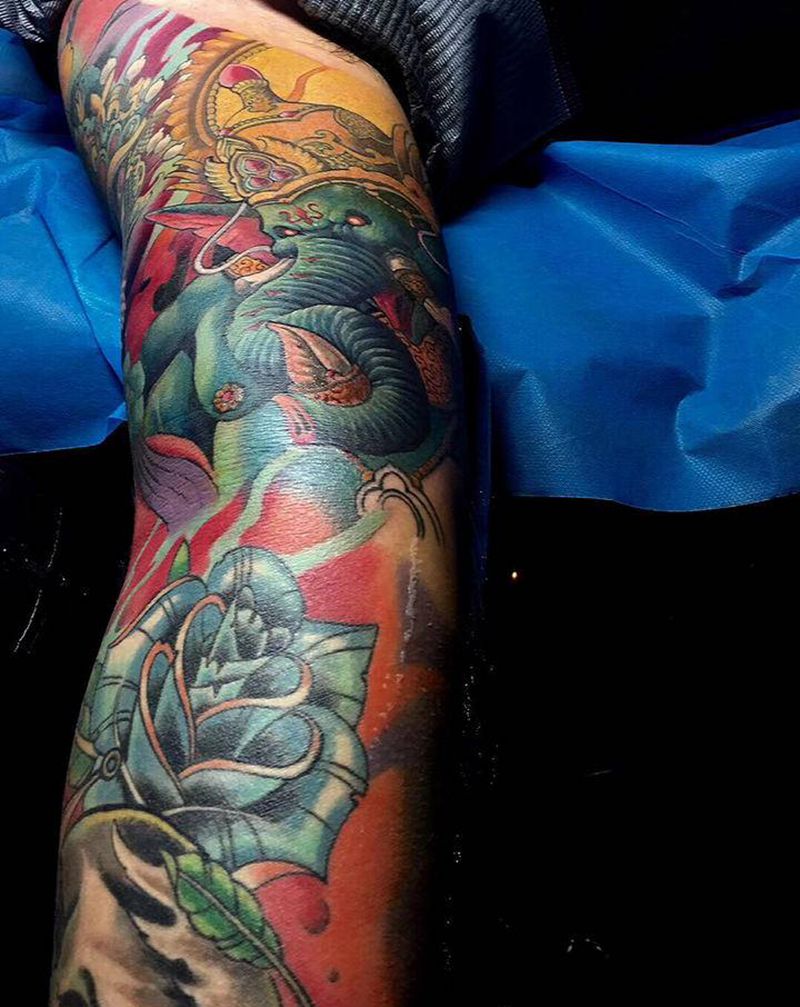 彩色花臂，靳凯原创作品纹身图片_手臂手部新传统老传统彩色花臂宗教原创纹身图案