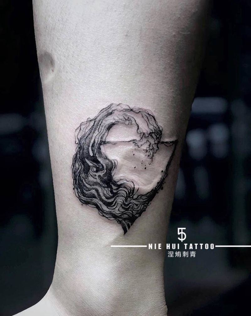 海浪纹身图片_腿部点刺几何遮疤纹身图案
