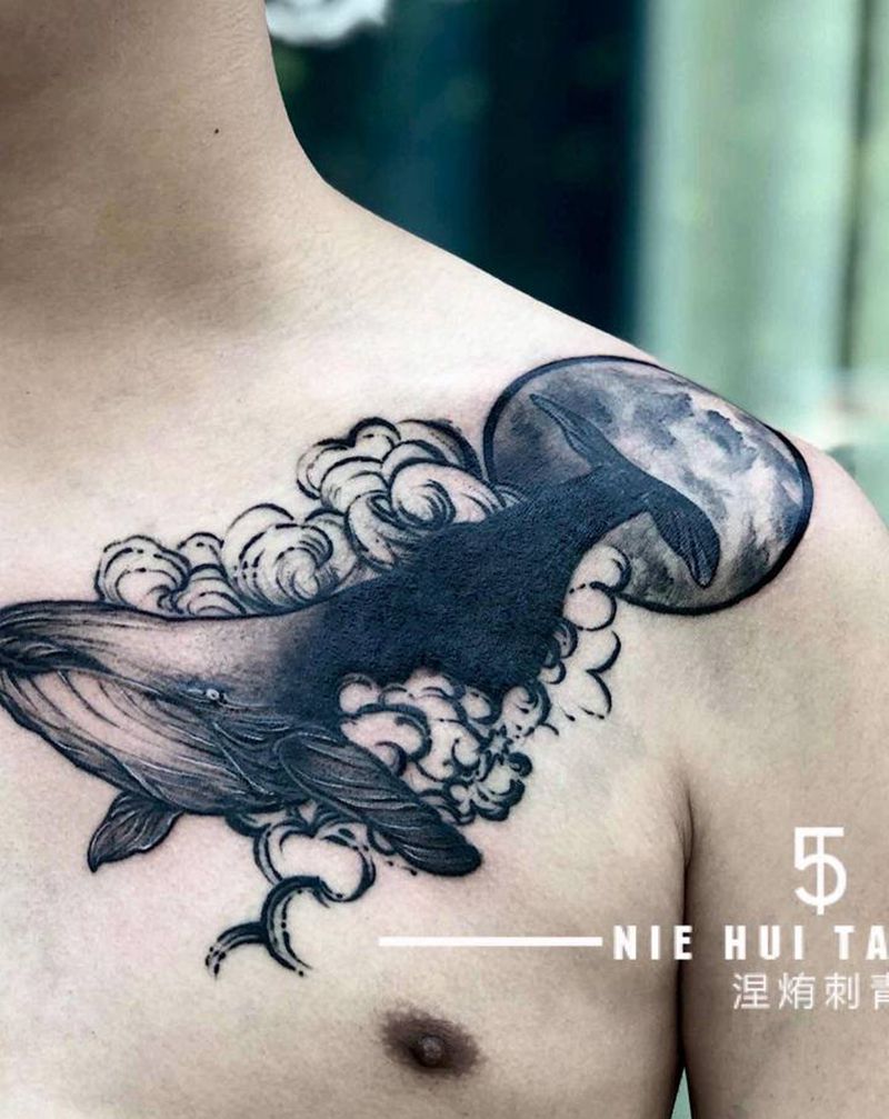 字母遮盖 鲸鱼纹身图片_胸部点刺鲸鱼纹身图案