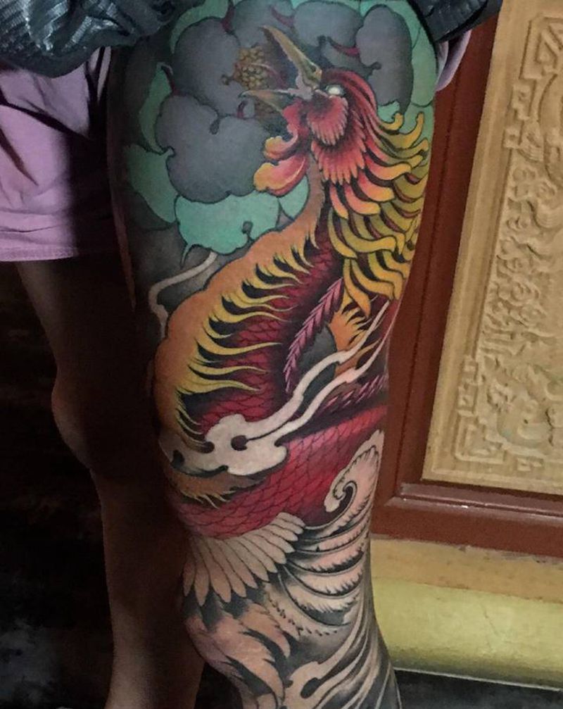 凤凰花腿未完成纹身图片_手臂腿部新传统老传统凤凰原创纹身图案