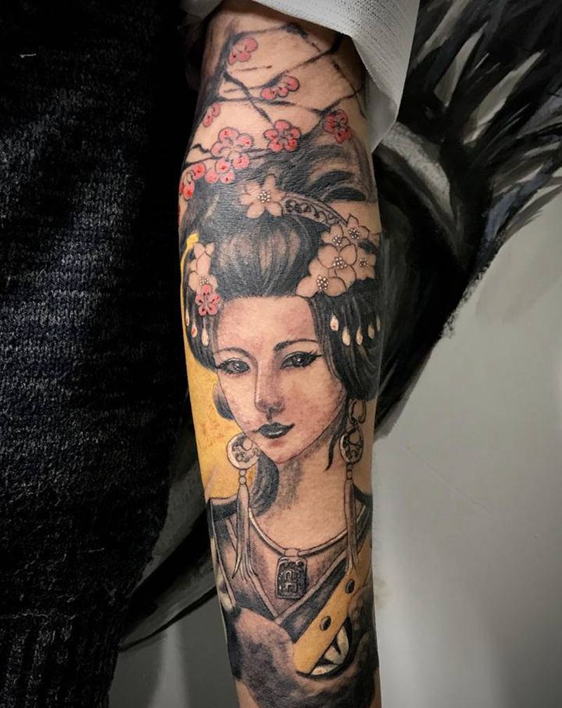 艺妓纹身图片_手臂新传统艺妓小臂纹身图案