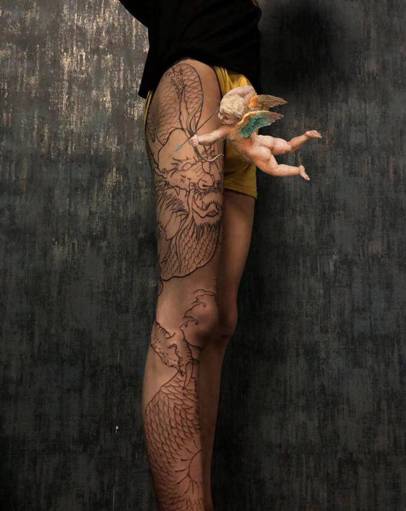 原创盘腿龙纹身图片_腿部花腿纹身图案