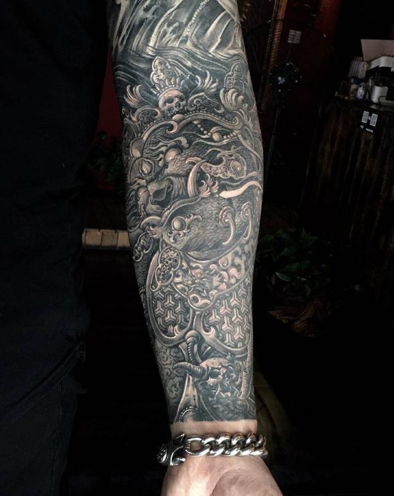 遮疤已恢复提白。靳凯作品纹身图片_手部手臂新传统老传统遮疤原创龙纹身图案