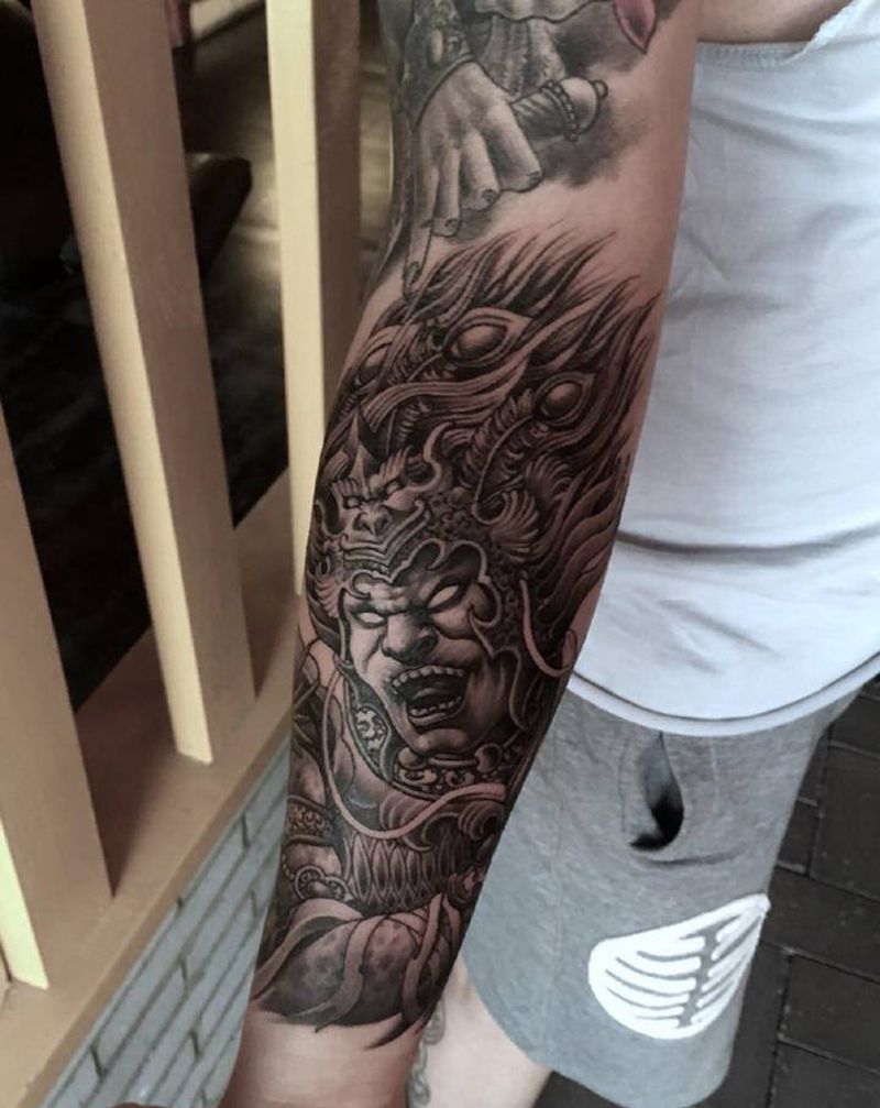 刀马人物。靳凯纹身图片_背部手臂新传统老传统刀马人物原创中式传统纹身图案