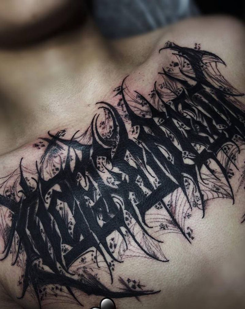 原创暗黑花体纹身图片_胸部花体字纹身图案