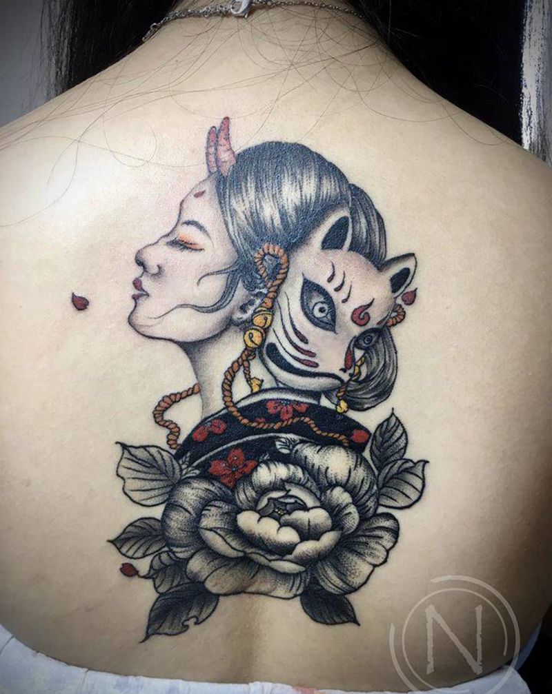唯美艺妓纹身图片_背部艺妓樱花