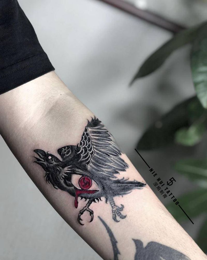 乌鸦写轮眼纹身图片_手臂New School乌鸦写轮眼纹身图案