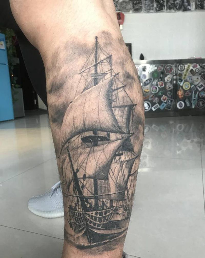 【航海】整个小腿纹身图片_腿部欧美写实纹身图案