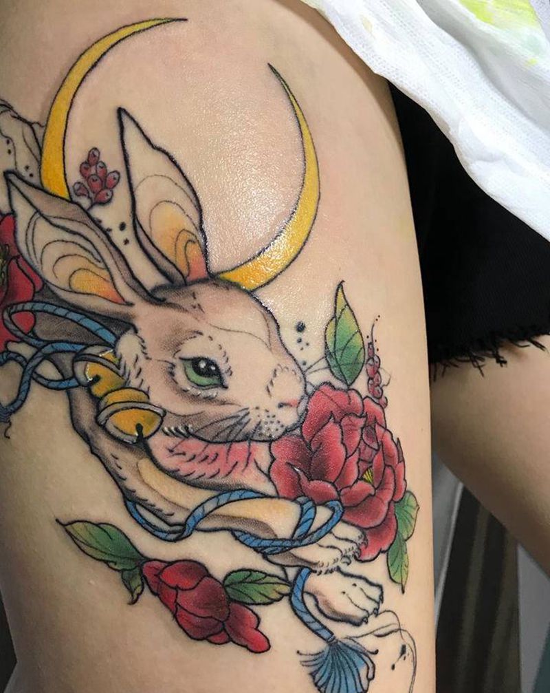 玉兔纹身图片_腿部新传统纹身图案