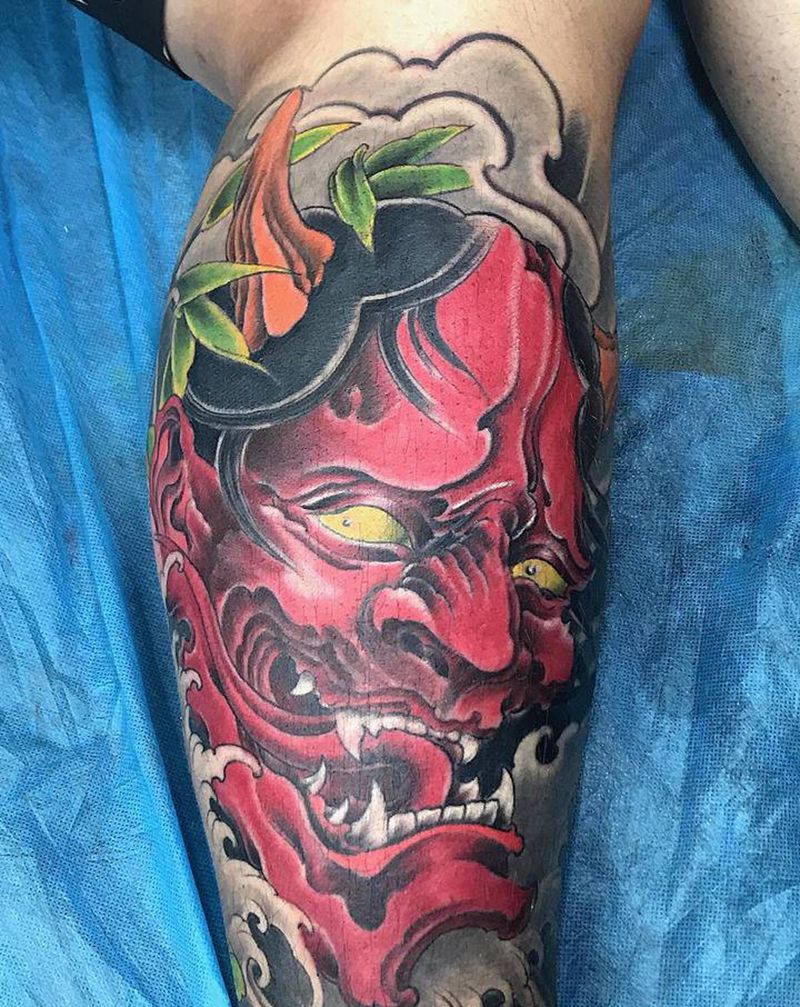 小腿般若纹身图片_腿部新传统纹身图案