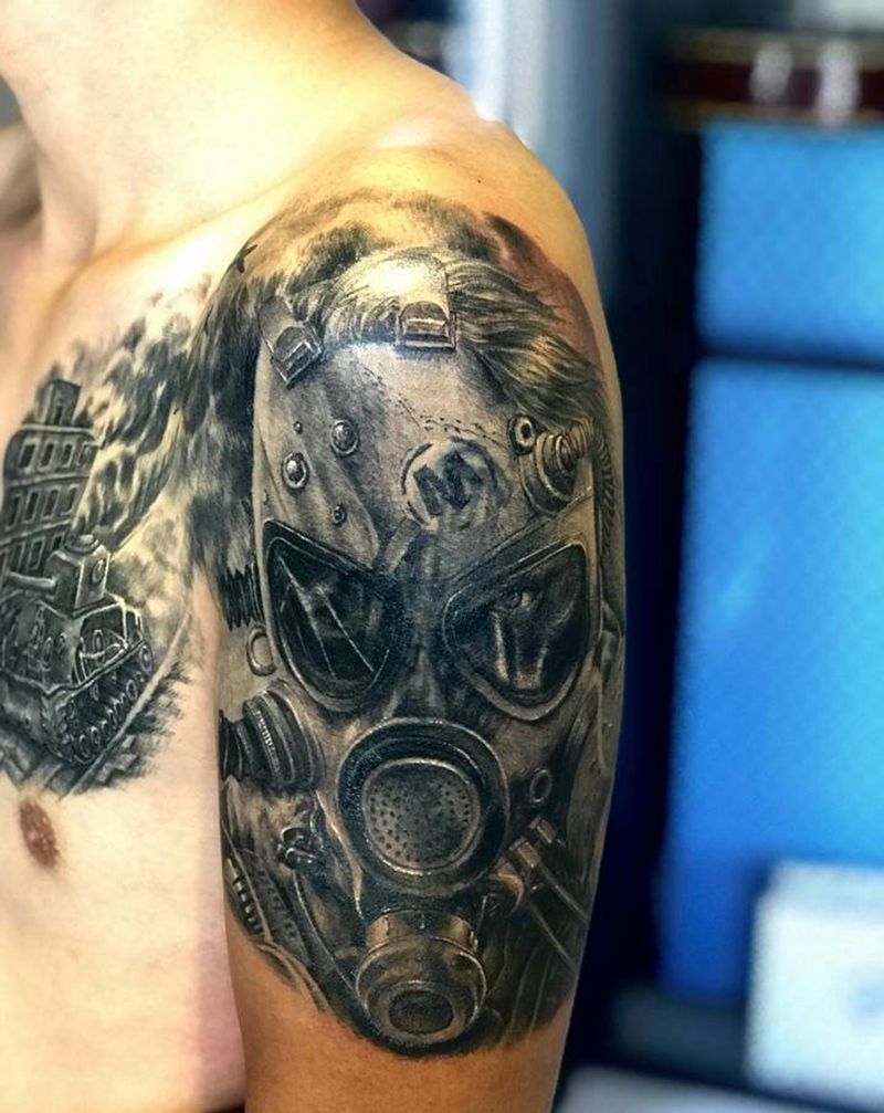 战争题材遮盖作品纹身图片_胸部手臂欧美写实纹身图案