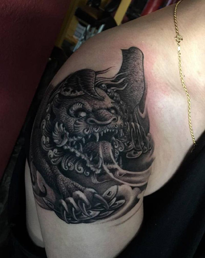 靳凯作品。未完成纹身图片_肩部背部新传统老传统原创神兽瑞兽纹身图案