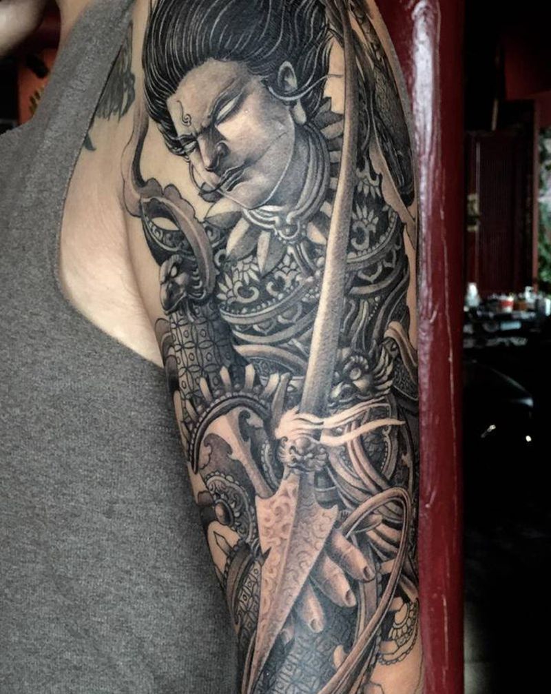 刀马人物，未完成靳凯作品纹身图片_手臂背部新传统老传统中式传统原创刀马人物纹身图案