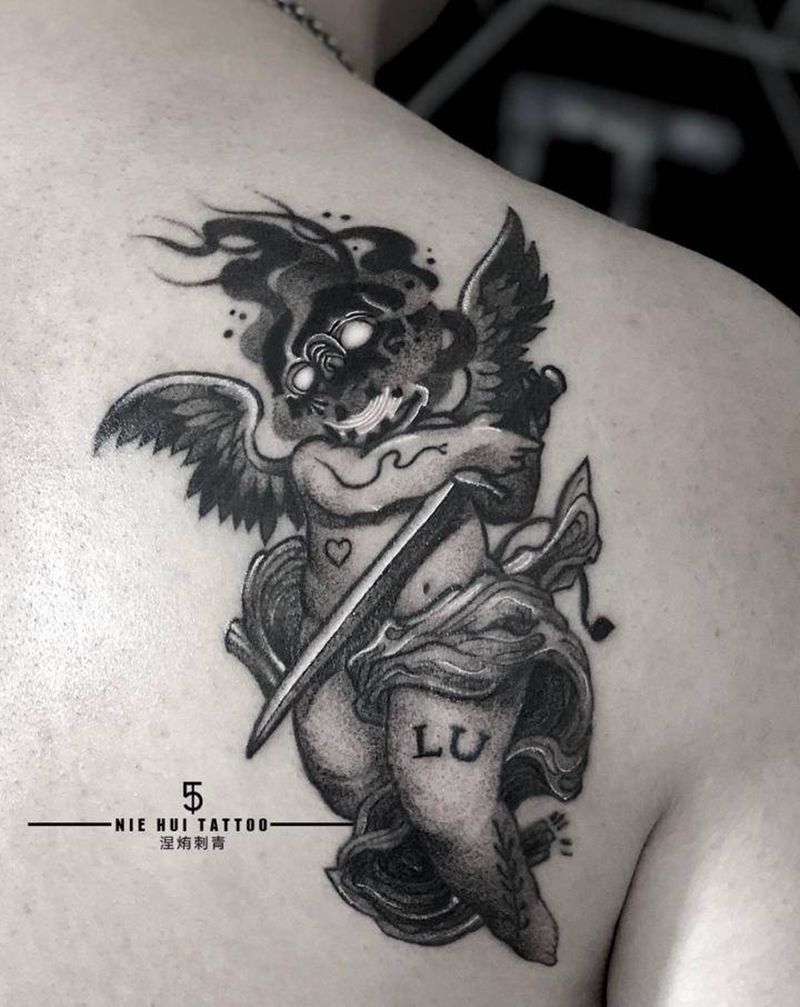 暗黑小天使纹身图片_背部手臂点刺暗黑天使纹身图案