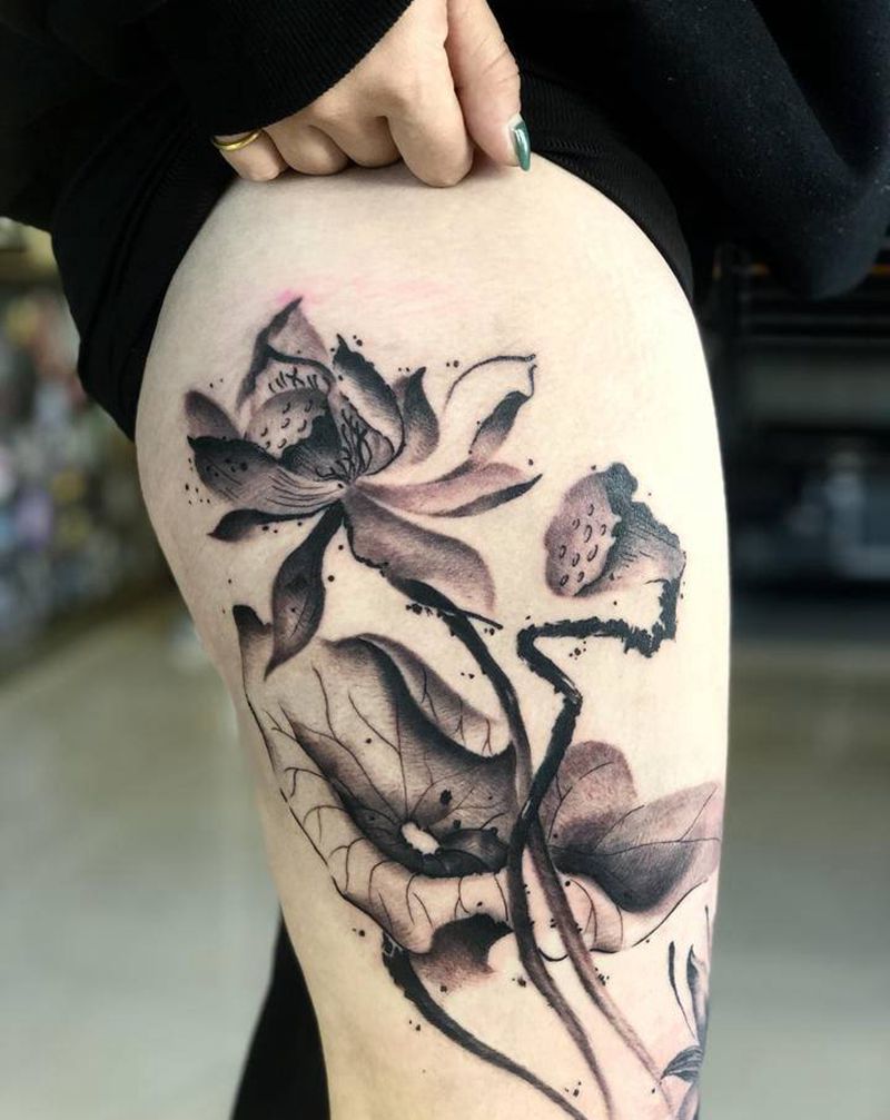 【水墨风】胎记遮盖纹身图片_腿部水墨纹身图案