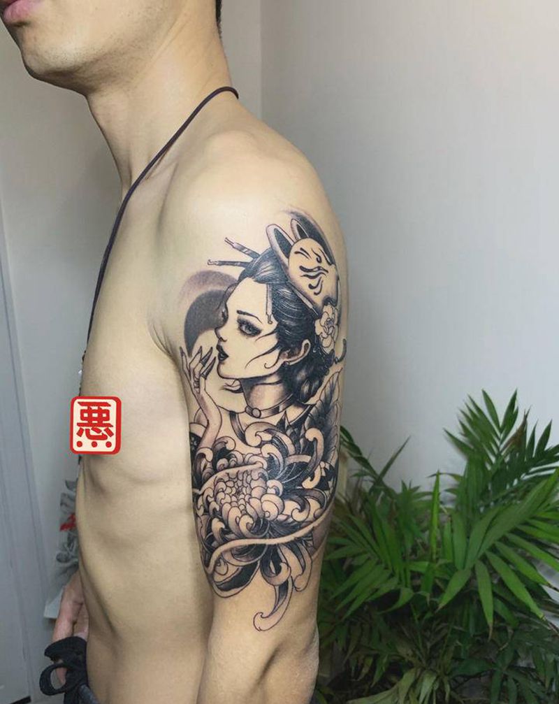 艺妓纹身图片_手臂新传统纹身图案