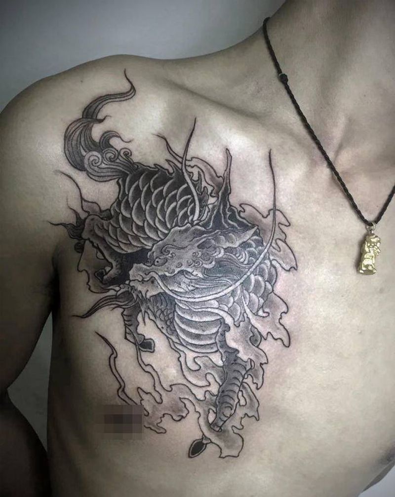 麒麟纹身图片_胸部新传统麒麟纹身图案