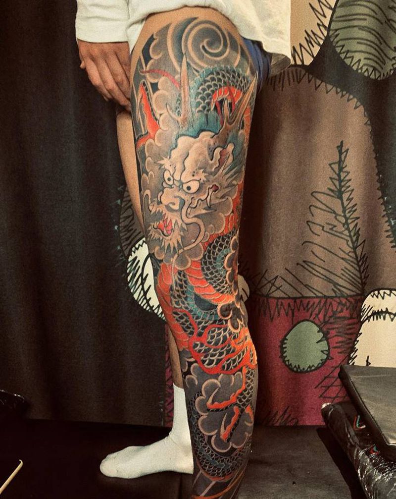 老传统花腿龙纹身图片_腿部老传统龙纹身图案