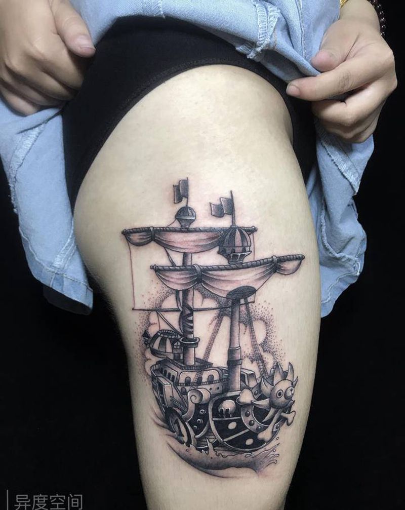 海贼王纹身图片_腿部手臂New School桑尼号海贼王阳光万里号纹身图案