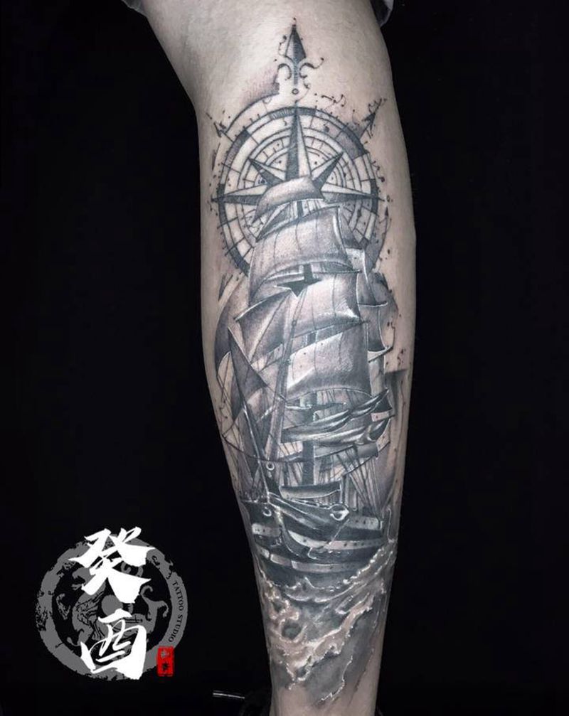 帆船⛵️纹身图片_腿部欧美写实纹身图案