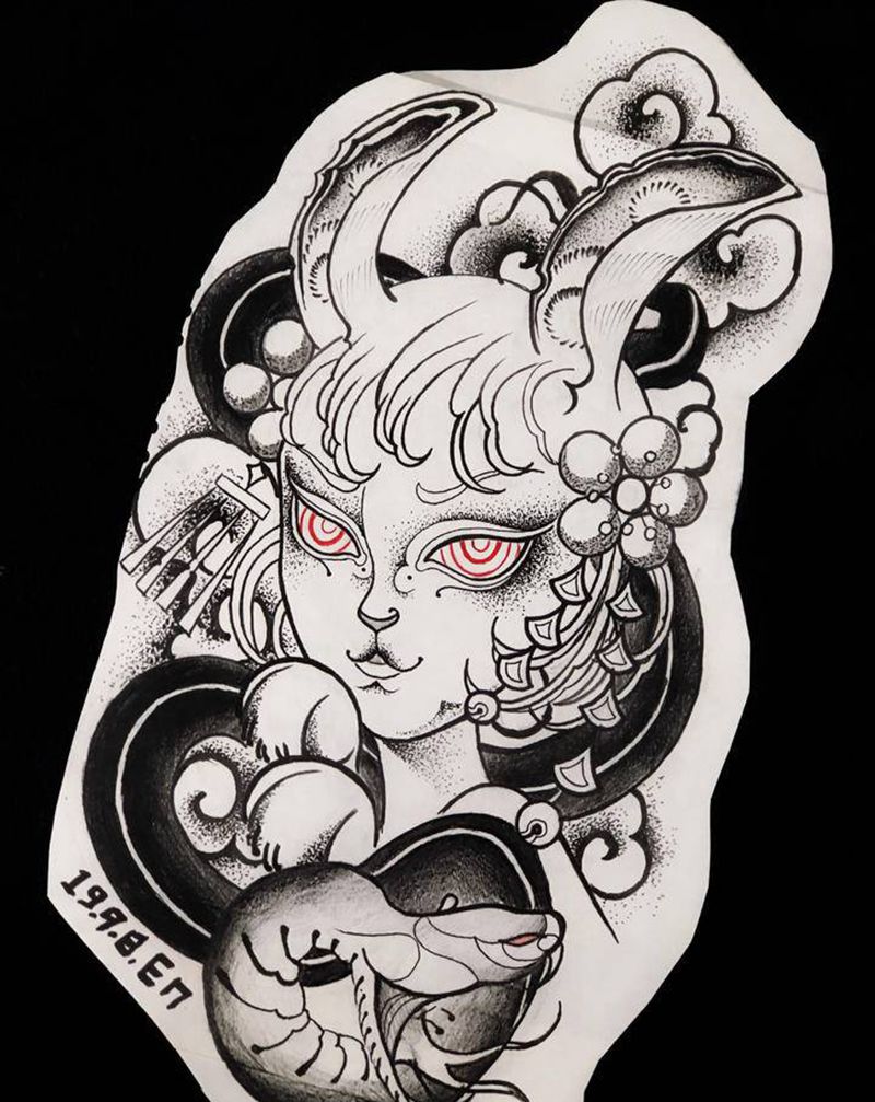 暗黑系兔女纹身图片_手臂臀部New School纹身图案