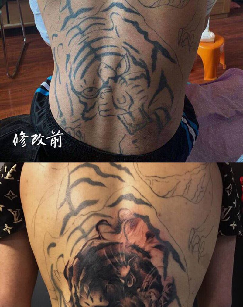 老纹身修改未完成纹身图片_背部纹身图案