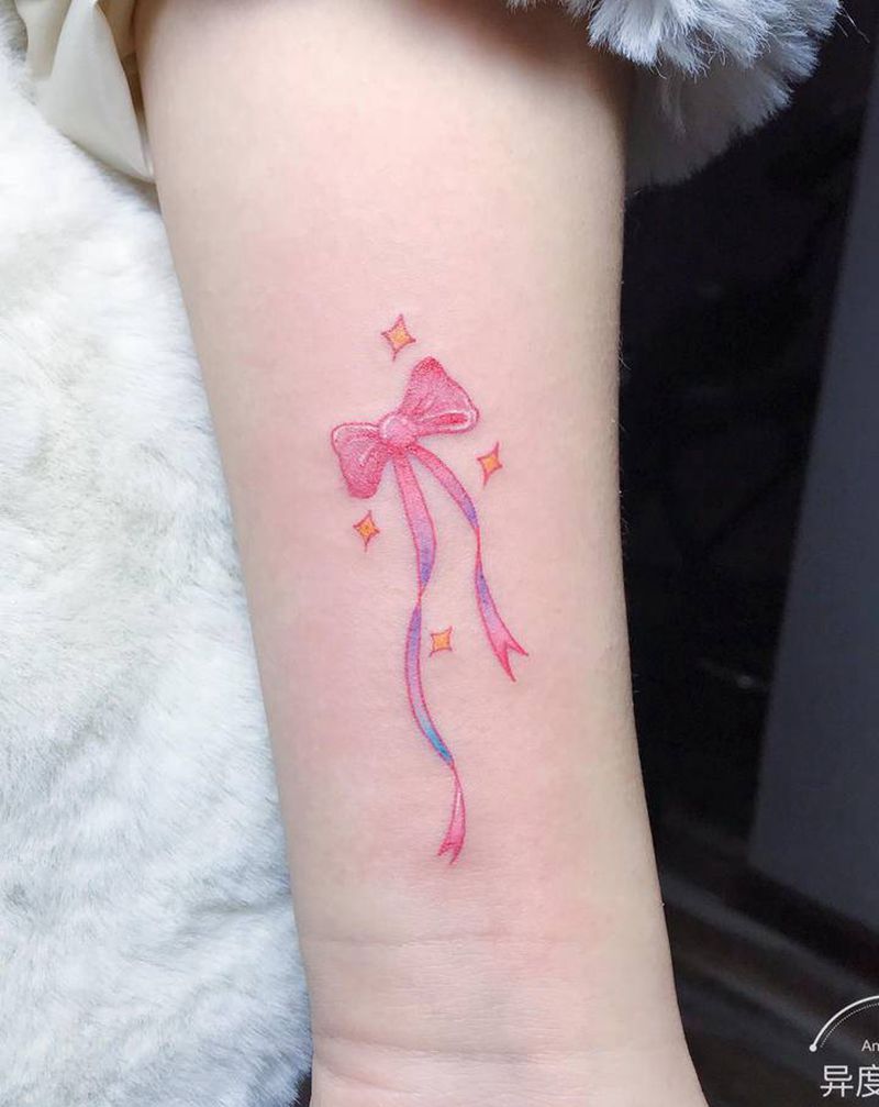 蝴蝶结纹身图片_手臂腿部水彩小清新纹身图案