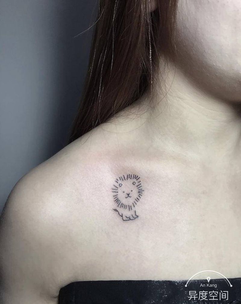 小狮子纹身图片_肩部腿部图腾线条纹身图案