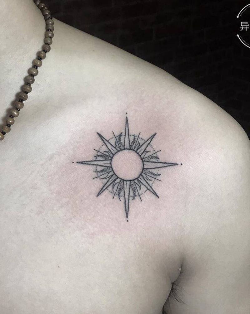 太阳纹身图片_肩部背部图腾几何太阳星辰纹身图案