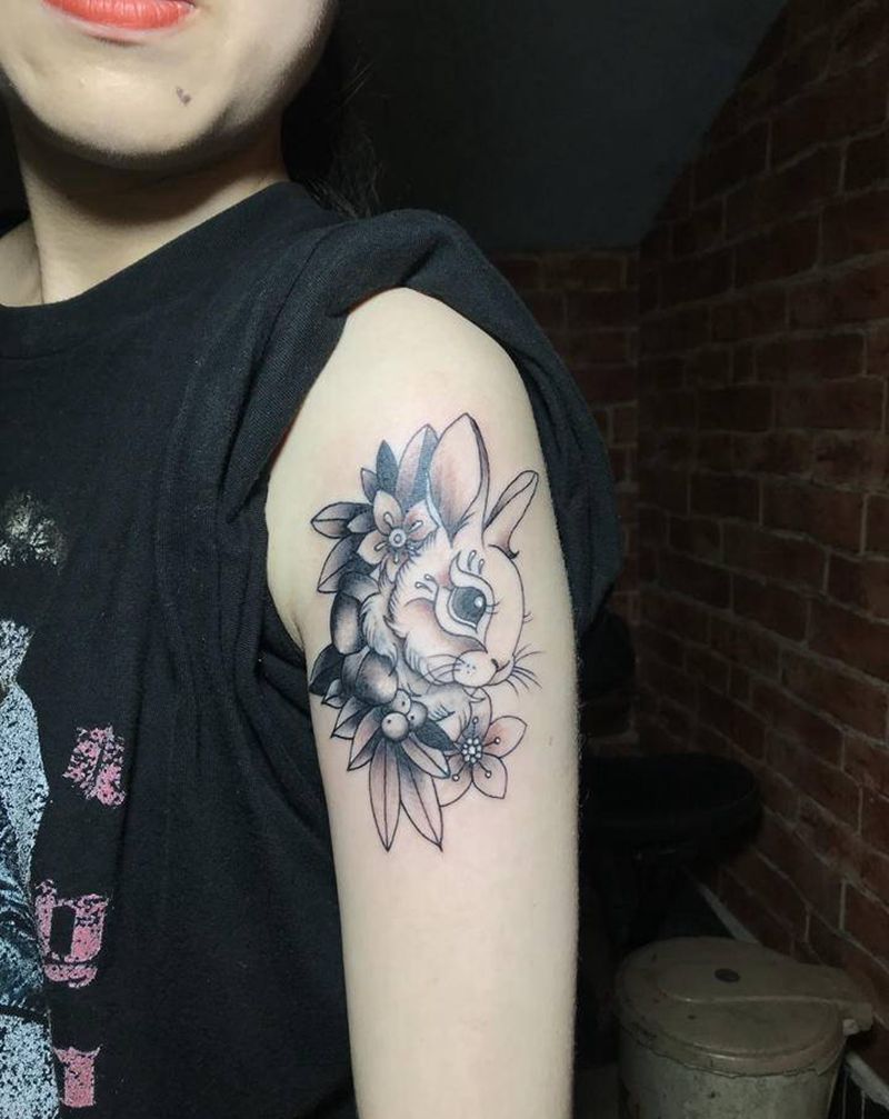 遮盖作品纹身图片_手臂腿部Old School点刺兔子纹身图案